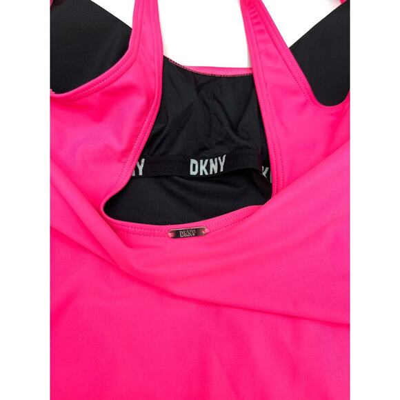 DKNY NEON PINK Ruched Mesh-Contrast One-Piece Swimsuit 4 NWT $98 - Picture 4 of 5